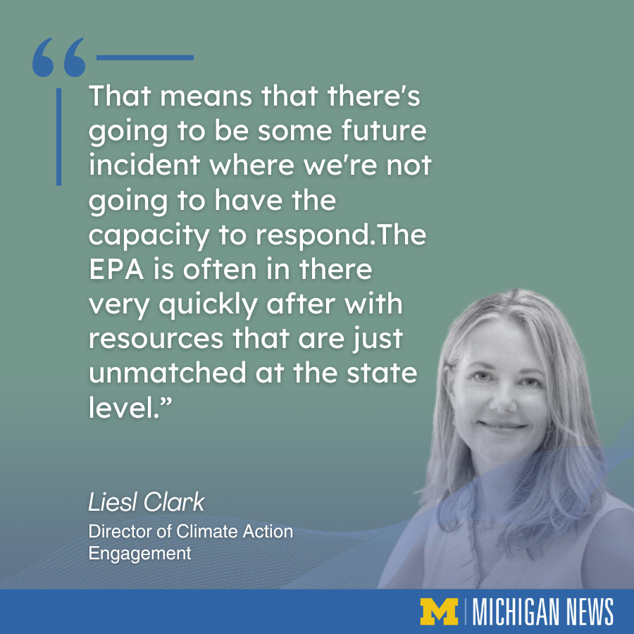 UMichiganNews's tweet photo. Significant cuts to the EPA would spell major changes to how Michigan handles its environmental issues. Liesl Clark, director of Climate Action Engagement @UMSEAS comments via @CBSNews: https://t.co/A7zs0ZyqgA https://t.co/Y6QBFesegZ