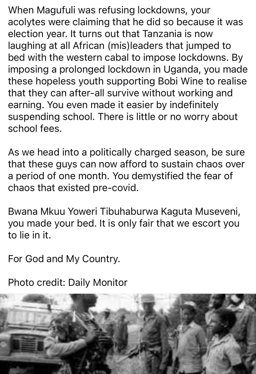 After the Novemeber 2020 riots, I wrote this article. A number of bush war generals and retired <a href="/NRMOnline/">NRM Party</a> politicians contacted me privately to express their approval of the message I had delivered. I wish the guys with the guns could take a moment and avert a genocide. VIOLENCE