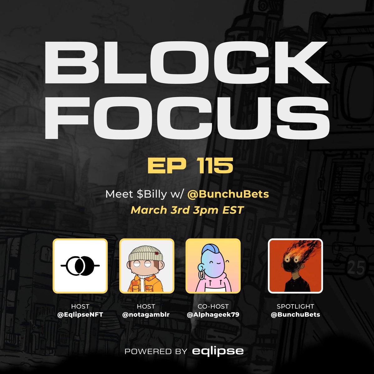 𝐌𝐞𝐞𝐭 $𝐁𝐢𝐥𝐥𝐲

BlockFocus is BACK w/ Ep. 115 ft. <a href="/BunchuBets/">bunchu (💰, 🤝, 🔥)</a>, co host of <a href="/MidMicCrisis/">Mid Mic Crisis</a> &amp; Co Founder of <a href="/AskBillyBets/">Billy Bets</a> 🤖

📆 TODAY @ 12pm PT/3pm ET

$Billy is changing the world of sport betting for the better, tune in to find out how 🤝

RSVP 👉 x.com/i/spaces/1yoJM…