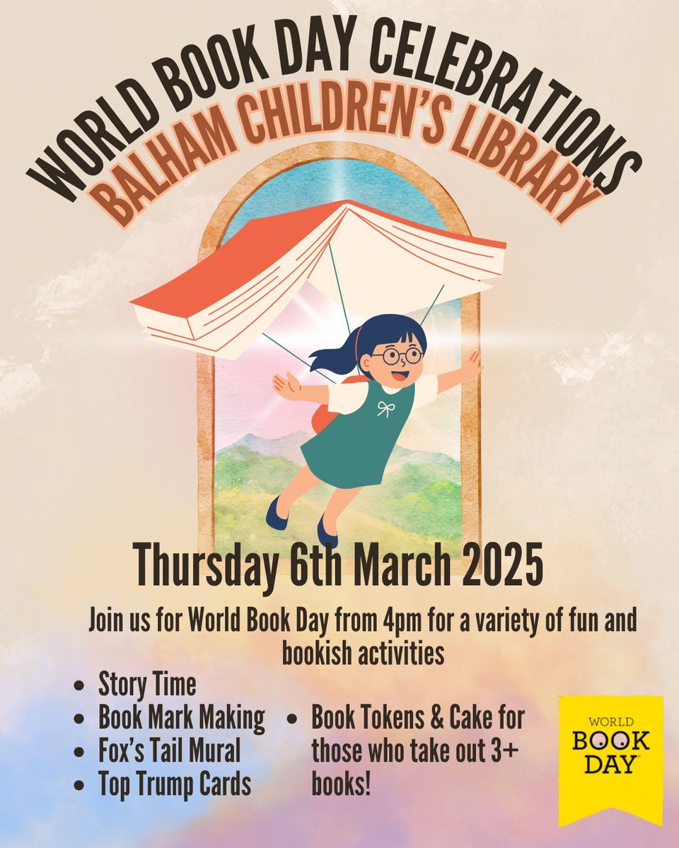 Better_Balham's tweet image. Celebrate World Book Day on Thursday 6 March at 4pm with #BalhamLibrary - where there will be stories, crafts &amp;amp; games! As well as book tokens &amp;amp; sweet treats for those who borrow 3+ books (while prizes last). No need to book.
@WandsworthLibs #WorldBookDay