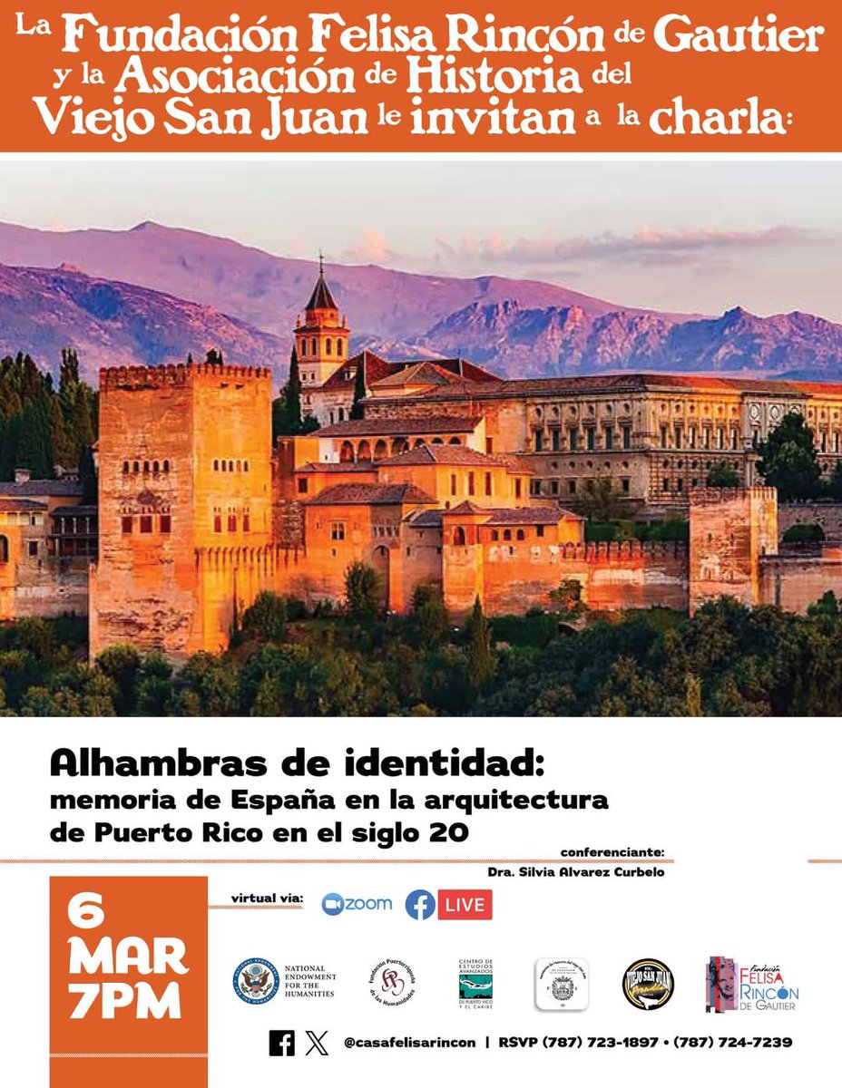 Fund.Felisa Rincón (@museofelisa) on Twitter photo Este jueves 6 de marzo 7:00pm.
Charla- Alhambras de identidad: memoria de España en la arquitectura de Puerto Rico siglo XX
con el Dra. Silvia Álvarez Curbelo
Para enlace de Zoom puede enviar correo electrónico a museofelisa@hotmail.com
**Charla será virtual**
¡Le esperamos! Este jueves 6 de marzo 7:00pm.
Charla- Alhambras de identidad: memoria de España en la arquitectura de Puerto Rico siglo XX
con el Dra. Silvia Álvarez Curbelo
Para enlace de Zoom puede enviar correo electrónico a museofelisa@hotmail.com
**Charla será virtual**
¡Le esperamos!