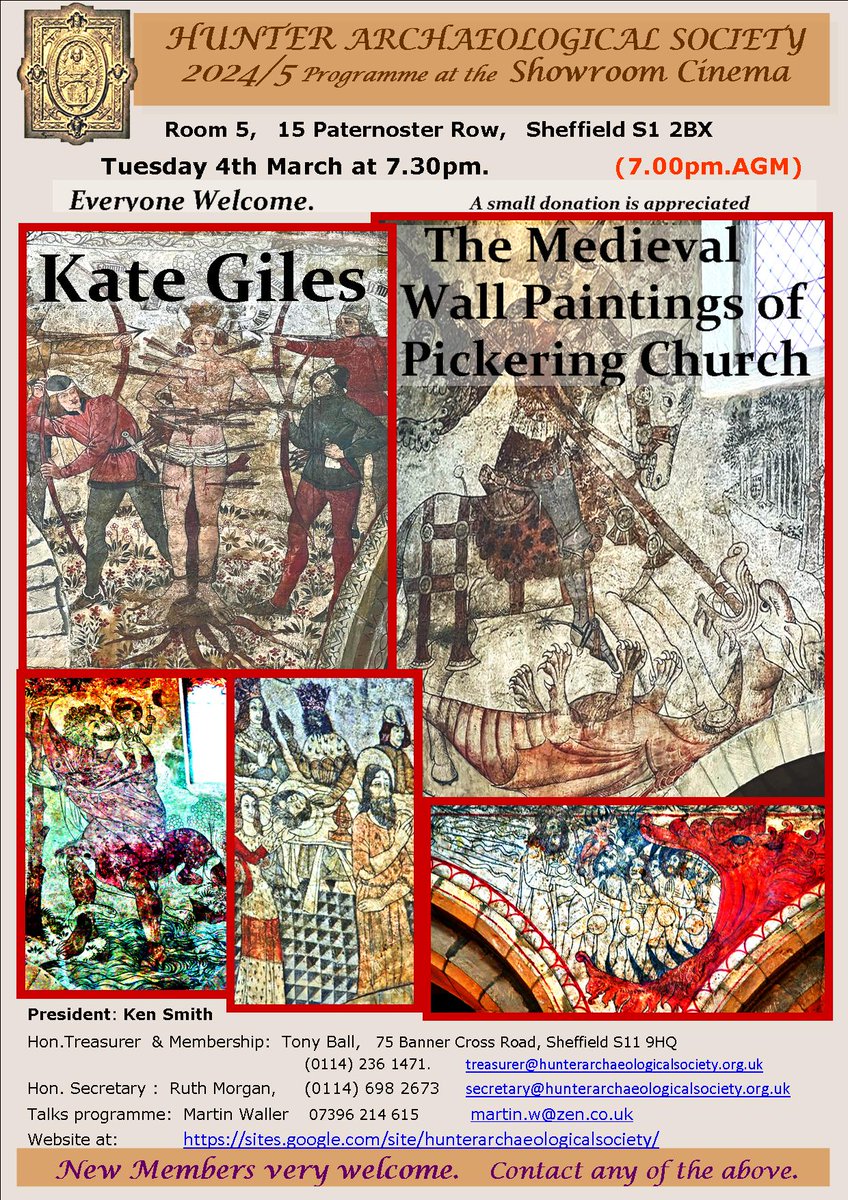 Hunter Archaeological Society (@hunterarchsoc) on Twitter photo Tomorrow, Kate Giles, University of York, will be sharing her research on the Medieval Wall Paintings of Pickering Church. The talk will at 19:30 after our AGM at 19:00.
We will be in Showroom 5. All our talks are free, but donations towards costs are always greatly appreciated. Tomorrow, Kate Giles, University of York, will be sharing her research on the Medieval Wall Paintings of Pickering Church. The talk will at 19:30 after our AGM at 19:00.
We will be in Showroom 5. All our talks are free, but donations towards costs are always greatly appreciated.