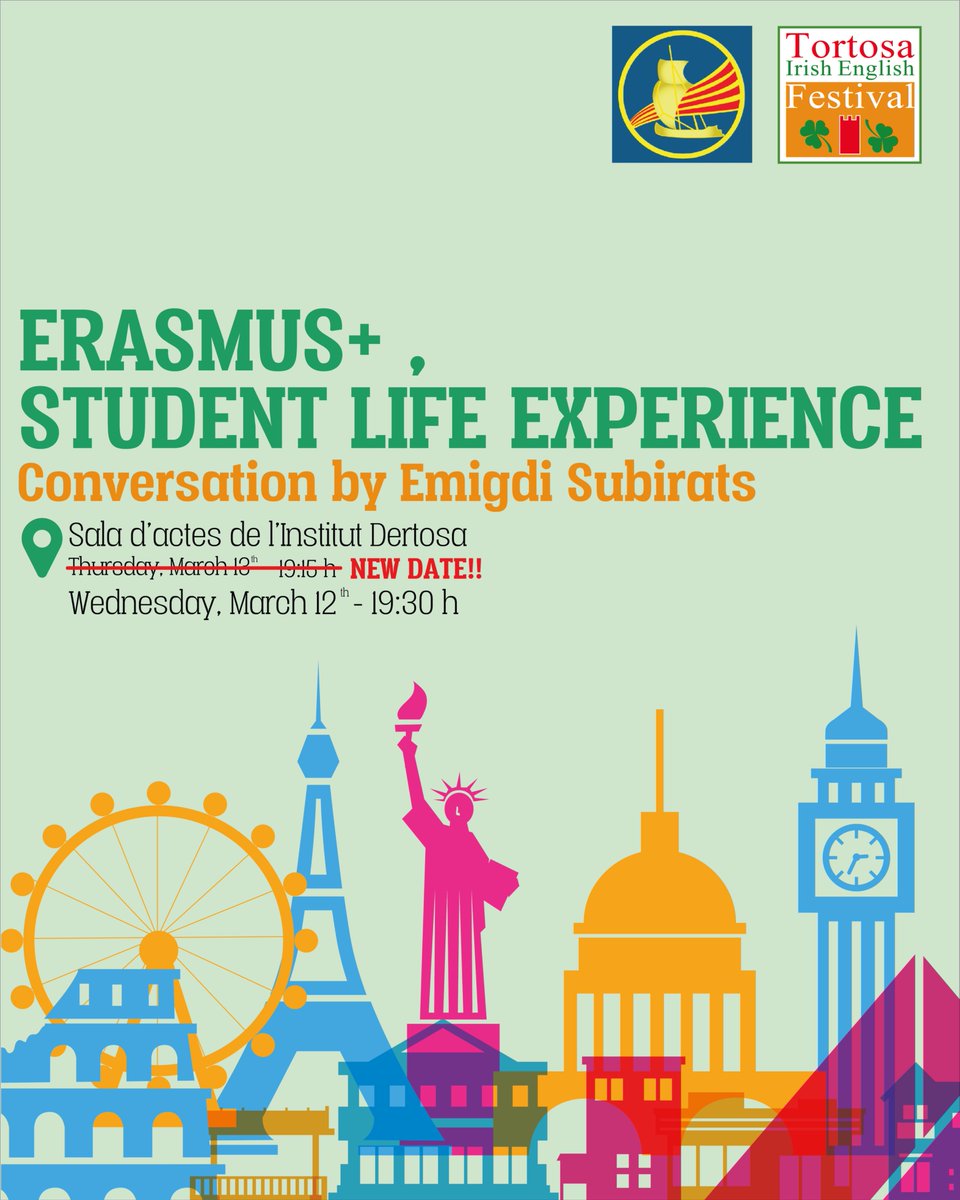 🚨NEW DATE🚨

🌍 Do you want to study abroad? We have an interesting conversation event at IES Dertosa about "Erasmus, student life experience"

🗓️ Wednesday March 12th
🕰️ 19:30
📍 Sala d'actes de l'Institut Dertosa