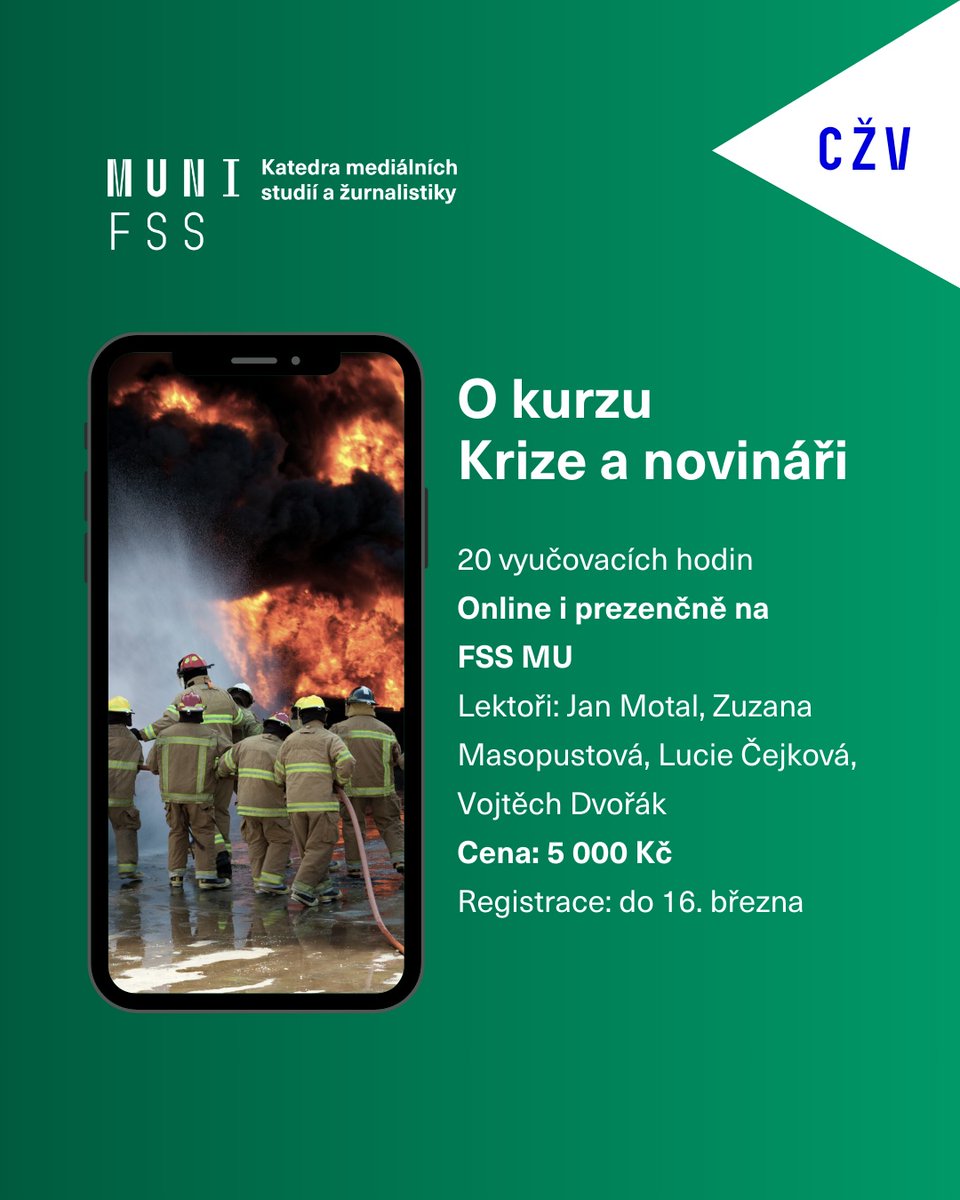 Fakulta soc. studií/Faculty of Social Studies (@muni_fss) on Twitter photo 📢 Kurz Žurnalistika v krizových situacích – přihlášky otevřeny!
Chcete se naučit, jak informovat o krizích přesně, citlivě a eticky?
🎓 Přihlaste se na kurz celoživotního vzdělávání, který pořádá <a href="/kmsz_muni/">KMSZ FSS</a>. Tohle se naučíte 👇 📢 Kurz Žurnalistika v krizových situacích – přihlášky otevřeny!
Chcete se naučit, jak informovat o krizích přesně, citlivě a eticky?
🎓 Přihlaste se na kurz celoživotního vzdělávání, který pořádá <a href="/kmsz_muni/">KMSZ FSS</a>. Tohle se naučíte 👇