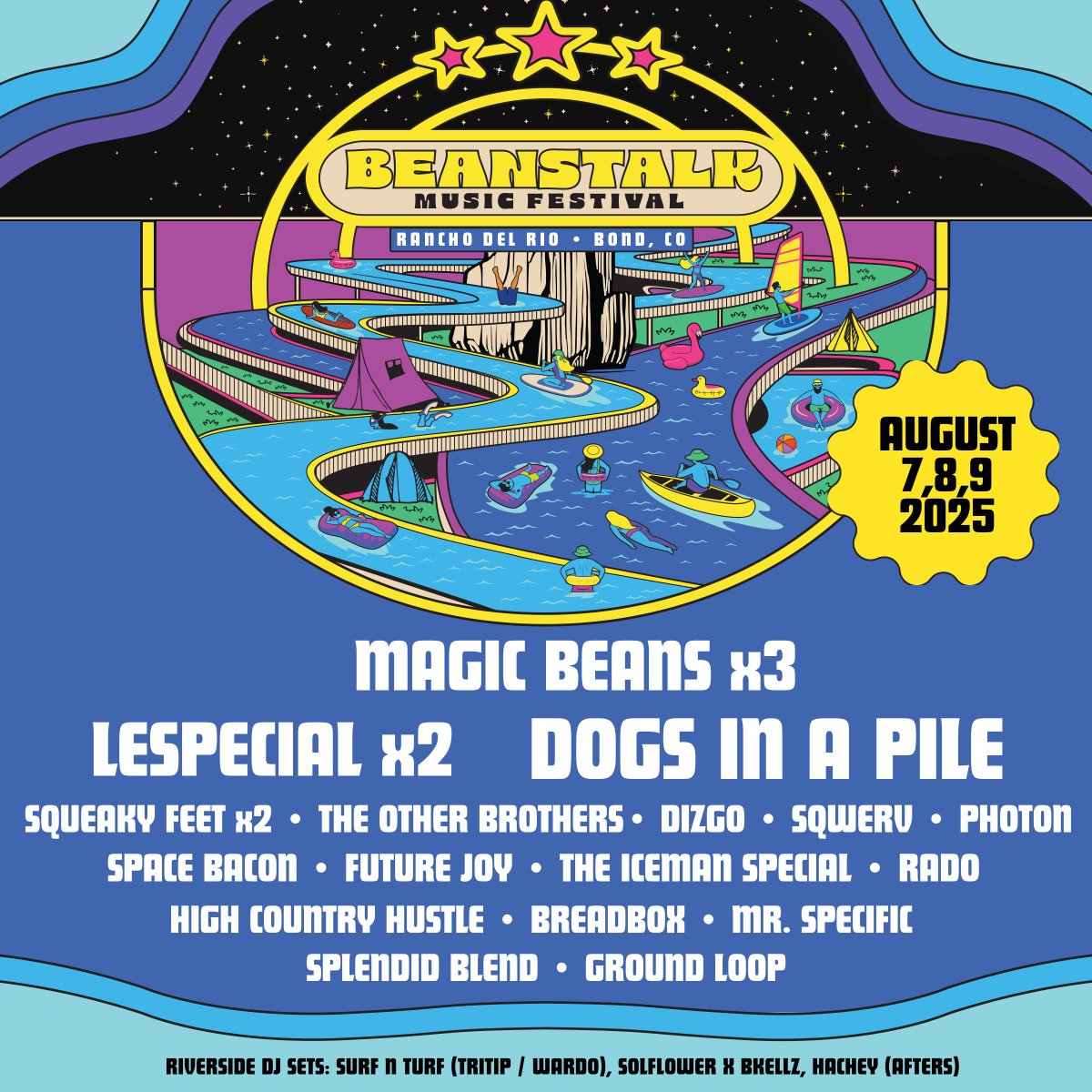 SpaceBaconMusic's tweet photo. #SpaceBacon is excited to join #Beanstalk #MusicFestival 2025 in #Colorado this August 7-9th! This event is deep in the beautiful 🗻 Rocky Mountains 🗻 , right along the Colorado River and hosted by our friends #MagicBeans. Grab your tickets now! 🎶 https://t.co/CVGhCyF0Xv