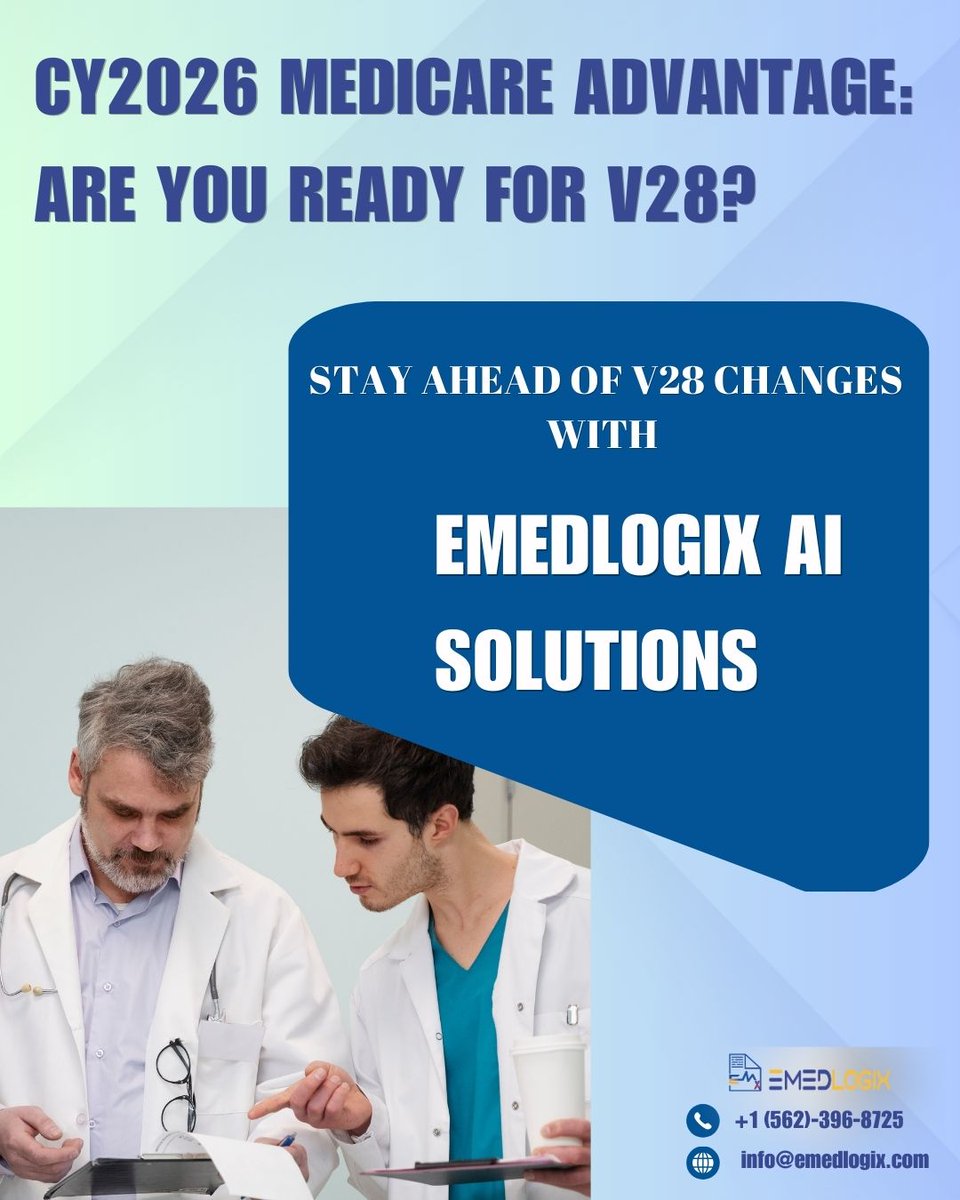 emedlogix's tweet image. CY2026 Medicare Advantage Updates! CMS advances V28 risk adjustment, and MedPAC calls for coding intensity adjustments. Accurate HCC coding &amp;amp; compliance are key. Let’s discuss! 
🌐 emedlogix.com 
info@emedlogix.com, +1 (562) 396-8725
#MedicareAdvantage #CMSUpdates