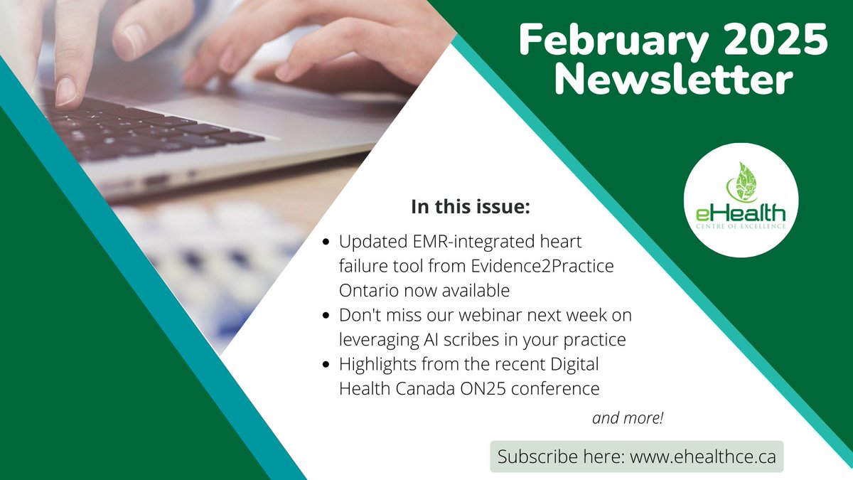 eHealthCE (@ehealthce) on Twitter photo ICYMI last week, our latest newsletter is out and includes info on: 
🔹 #E2POntario heart failure tool updates
🔹 Tomorrow's webinar on AI scribes 
🔹 Highlights from ON25 event
🔹 A new case study on time savings assoc. with eReferral
Check it out here: conta.cc/41gHIiN ICYMI last week, our latest newsletter is out and includes info on: 
🔹 #E2POntario heart failure tool updates
🔹 Tomorrow's webinar on AI scribes 
🔹 Highlights from ON25 event
🔹 A new case study on time savings assoc. with eReferral
Check it out here: conta.cc/41gHIiN