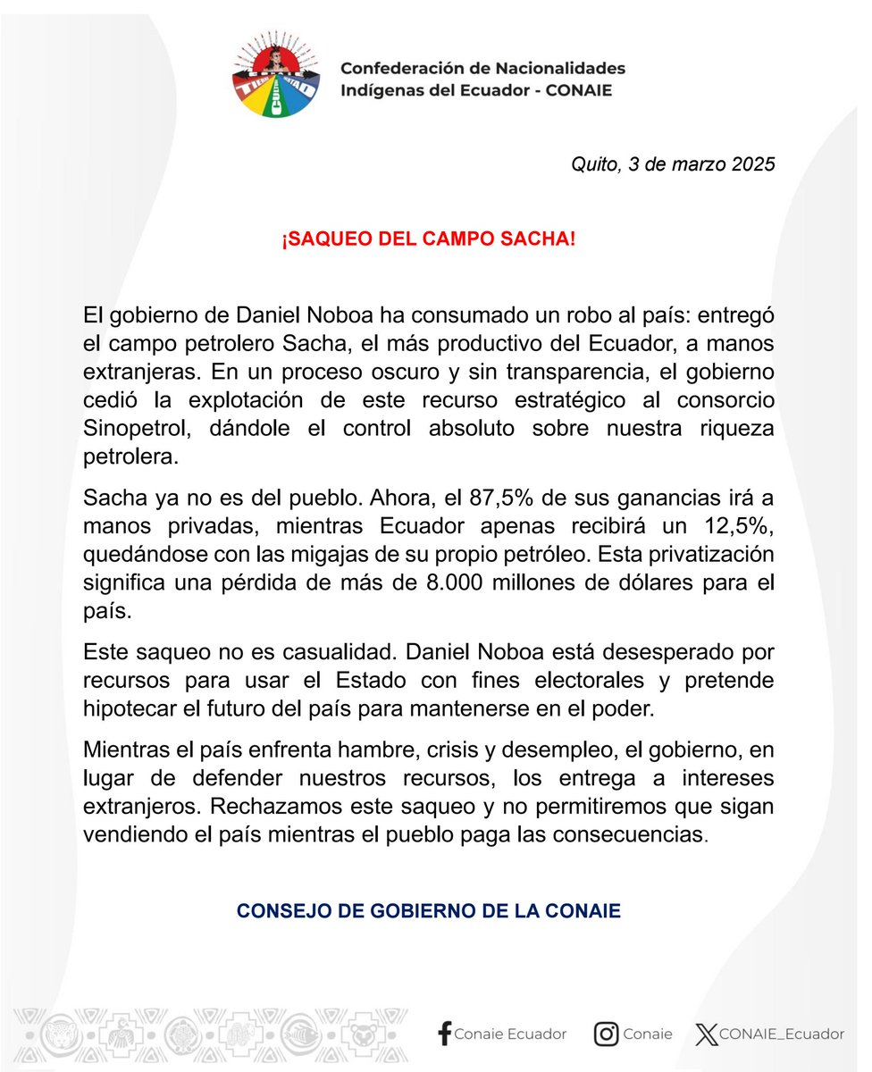 ⭕ [COMUNICADO]
El gobierno de <a href="/DanielNoboaOk/">Daniel Noboa Azin</a> ha consumado un robo al país: entregó el #CampoSacha a manos extranjeras.
#DanielNoboa está desesperado por recursos para usar el Estado con fines electorales y pretende hipotecar el futuro del país para mantenerse en el poder.