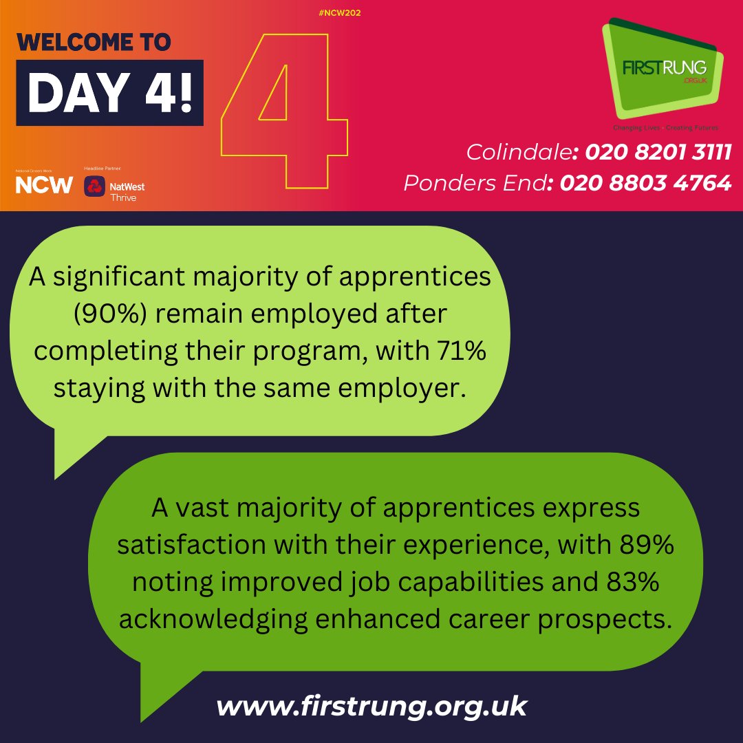 💼 National Careers Week - Day 4! 💼

Apprenticeships build skills and careers! 🚀 With high employment rates &amp; real opportunities, they’re a proven path to success!

📞 Call us: 020 8201 3111 / 020 8803 4764
🔗 Learn more: firstrung.org.uk

#NCW2025 #EarnAndLearn