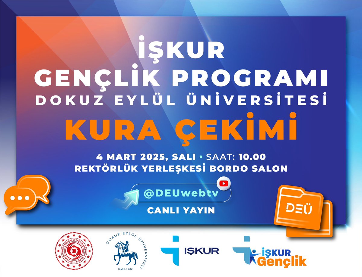📢 İŞKUR Gençlik Programında Sonuçlar Yarın Belli Oluyor!

İŞKUR Gençlik Programı Dokuz Eylül Üniversitesi kura çekimi, 4 Mart 2025 Salı günü saat 10.00'da, Rektörlük Yerleşkemiz Bordo Salon'da noter huzurunda gerçekleştirilecek.