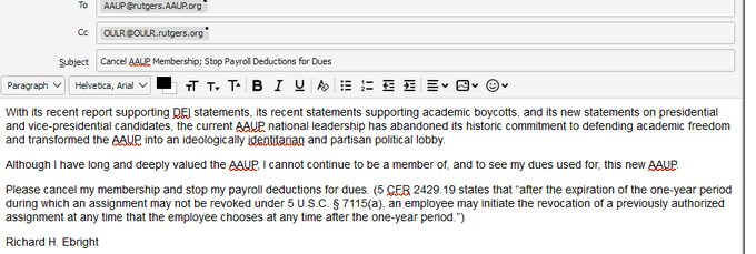 The AAUP has been captured by extreme partisans and extreme identitarian ideologues. And now openly opposes freedom of expression.
 
I cancelled my AAUP membership--and my payroll deductions for AAUP dues.  I urge other AAUP members to do the same.