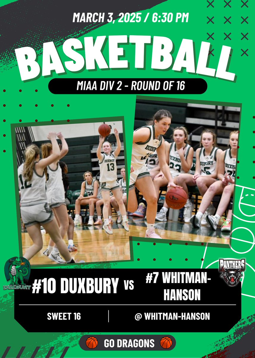 DuxGirlsBball (@duxgirlsbball) on Twitter photo 🟢⚪️🟢 Tournament GAME DAY 🟢⚪️🟢
Come support your Dragons as we travel to Whitman-Hanson for a Sweet 16 match up. Let's Go Dragons!
<a href="/DuxHSAthletics/">Duxbury Dragons Athletics</a> <a href="/DuxYouthHoops/">Duxbury Youth Hoops</a> <a href="/DuxburySports/">Clipper Sports</a> 🟢⚪️🟢 Tournament GAME DAY 🟢⚪️🟢
Come support your Dragons as we travel to Whitman-Hanson for a Sweet 16 match up. Let's Go Dragons!
<a href="/DuxHSAthletics/">Duxbury Dragons Athletics</a> <a href="/DuxYouthHoops/">Duxbury Youth Hoops</a> <a href="/DuxburySports/">Clipper Sports</a>