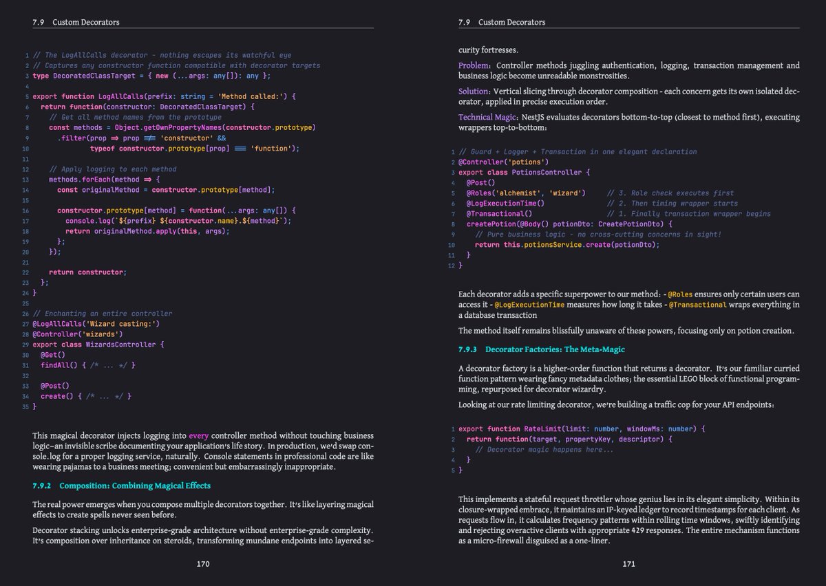 nxpatterns's tweet image. 🧵Thread 🧵 NestJS for Angular Experts (Update)
🌟 Behind the scenes: Custom Decorators
🎁 Composition: Combining Magical Effects
#angular #nestjs #nest #nx #nxpatterns #nestframework