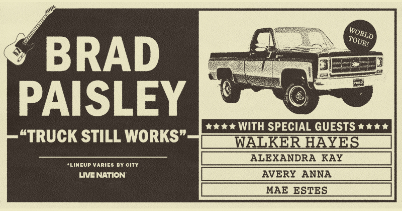 Live Nation (@livenation) on Twitter photo 🛻 <a href="/BradPaisley/">Brad Paisley</a>'s Truck Still Works World Tour is rolling into a town near you with special guests <a href="/walkerhayes/">Walker Hayes</a>, <a href="/_alexandrakay/">Alexandra Kay</a>, Mae Estes and <a href="/Avery_Anna_/">Avery Anna</a>!* Get your tickets starting this Friday, March 7th @ 10AM local: livemu.sc/bradpaisley2025! 🛻 <a href="/BradPaisley/">Brad Paisley</a>'s Truck Still Works World Tour is rolling into a town near you with special guests <a href="/walkerhayes/">Walker Hayes</a>, <a href="/_alexandrakay/">Alexandra Kay</a>, Mae Estes and <a href="/Avery_Anna_/">Avery Anna</a>!* Get your tickets starting this Friday, March 7th @ 10AM local: livemu.sc/bradpaisley2025!