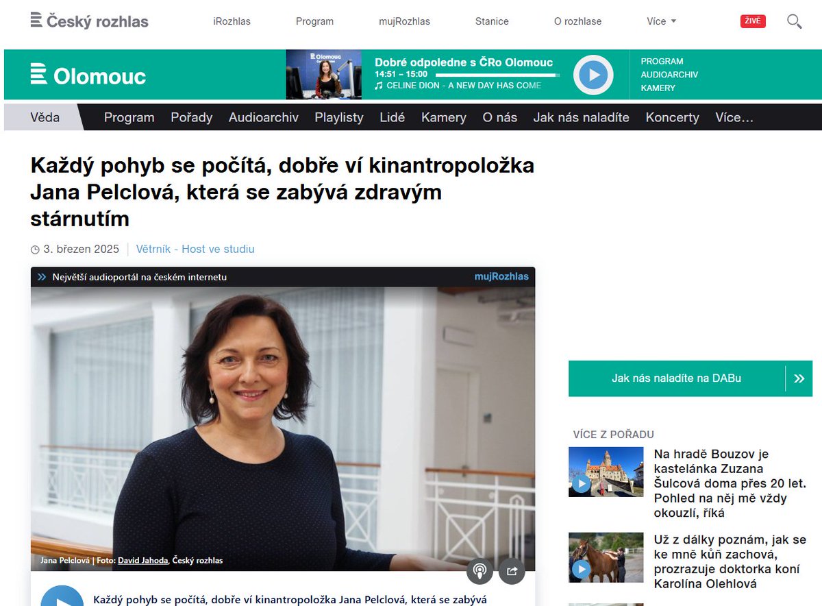 Fakulta tělesné kultury UP (@ftk_up) on Twitter photo 🎙 Naše paní profesorka <a href="/jana_pelclova/">Jana Pelclova</a> byla hostem pořadu Českého rozhlasu "Větrník"! 🎧💪 Mluvila o významu pohybu v každodenním životě a zdravém stárnutí. #Pohyb #ZdravéStárnutí <a href="/UPOlomouc/">Univerzita Palackého</a> 💙
Poslechněte si rozhovor zde ⏯️ 1url.cz/c16WB 🎙 Naše paní profesorka <a href="/jana_pelclova/">Jana Pelclova</a> byla hostem pořadu Českého rozhlasu "Větrník"! 🎧💪 Mluvila o významu pohybu v každodenním životě a zdravém stárnutí. #Pohyb #ZdravéStárnutí <a href="/UPOlomouc/">Univerzita Palackého</a> 💙
Poslechněte si rozhovor zde ⏯️ 1url.cz/c16WB