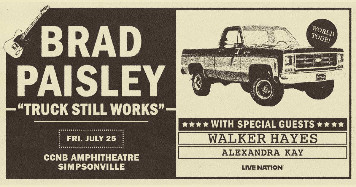 CCNB Amphitheatre at Heritage Park (@ccnbamp) on Twitter photo 🛻 <a href="/BradPaisley/">Brad Paisley</a>’s Truck Still Works World Tour is coming to <a href="/CCNBAmp/">CCNB Amphitheatre at Heritage Park</a> #Simpsonville on Friday 7/25 with special guests @WalkerHayes and @_AlexandraKay! Get your tickets starting this Friday 3/7 at 10am here: bit.ly/BradPaisleySVL… 🛻 <a href="/BradPaisley/">Brad Paisley</a>’s Truck Still Works World Tour is coming to <a href="/CCNBAmp/">CCNB Amphitheatre at Heritage Park</a> #Simpsonville on Friday 7/25 with special guests @WalkerHayes and @_AlexandraKay! Get your tickets starting this Friday 3/7 at 10am here: bit.ly/BradPaisleySVL…