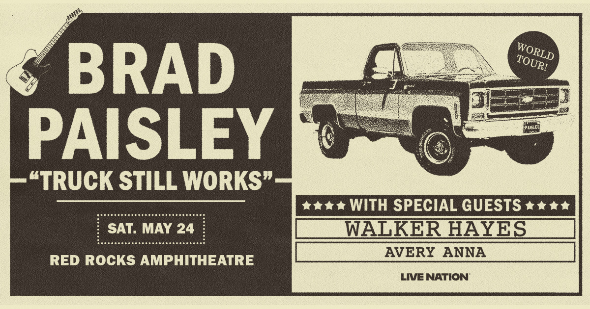 Red Rocks Park & Amphitheatre (@redrocksco) on Twitter photo NEW SHOW: If your Truck Still Works, you better drive it to #RedRocksCO to see <a href="/BradPaisley/">Brad Paisley</a> on May 24, 2025 🛻 Tickets on sale Friday, March 7 at 10am MT! NEW SHOW: If your Truck Still Works, you better drive it to #RedRocksCO to see <a href="/BradPaisley/">Brad Paisley</a> on May 24, 2025 🛻 Tickets on sale Friday, March 7 at 10am MT!