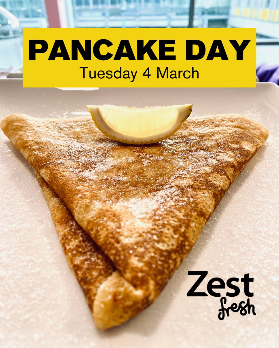 🥞 Celebrate Pancake Day in Zest fresh on Tuesday 4 March.

Flip out with freshly made pancakes and toppings. Choose from sugar, lemon juice, chocolate sauce, or raspberry sauce. 

⏰ Zest fresh is open 9am to 3pm, Monday to Friday. Located on Square 3.