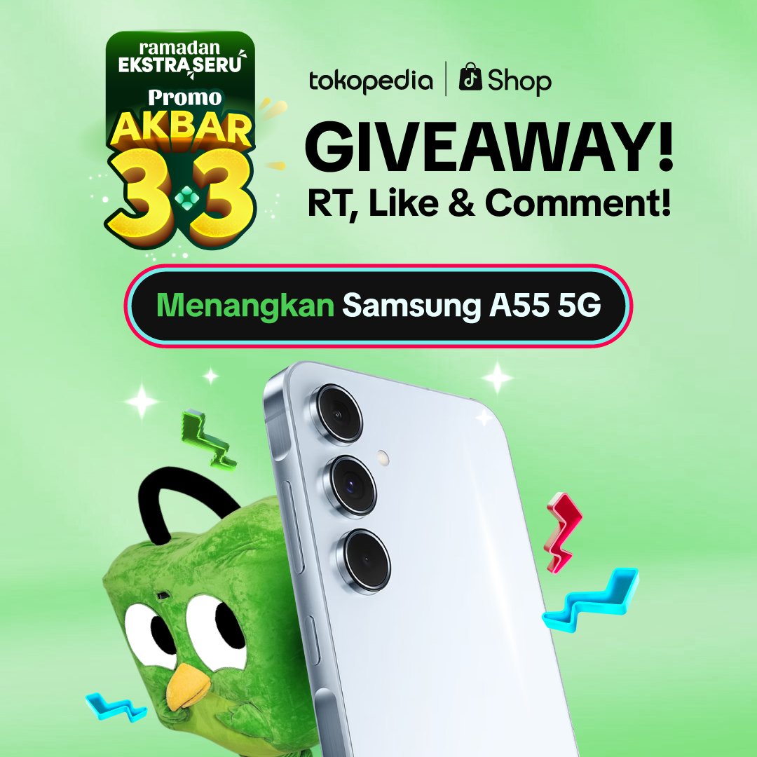 🔥GIVEAWAY SAMSUNG A55🔥

Caranya:
1. Follow <a href="/tokopedia/">Tokopedia</a>
2. Repost &amp; Like tweet ini
3. Reply dengan menjawab pertanyaan "Sebutkan promo apa aja yang kamu tunggu-tunggu di Ramadan Ekstra Seru Promo Akbar 3.3!"
4. Pakai hashtag #RamadanEkstraSeru 

Komen sebanyak-banyaknya biar