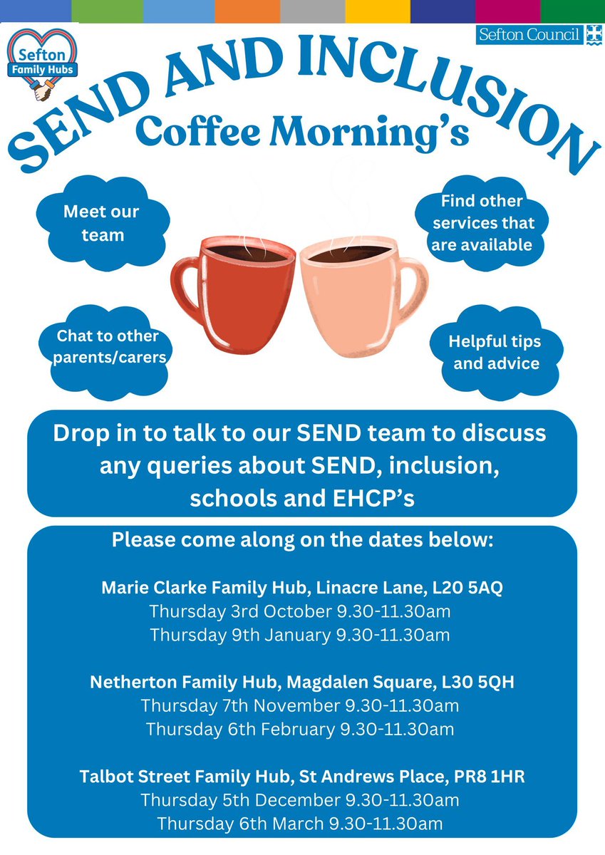 If you're a Parent Carer then come and join the @Seftoncouncil #SEND team at family hubs over the coming months to meet the team, other carers and gain helpful advice around your caring role. Coffee mornings are in Litherland, Netherton and Southport. March's host is in Southport