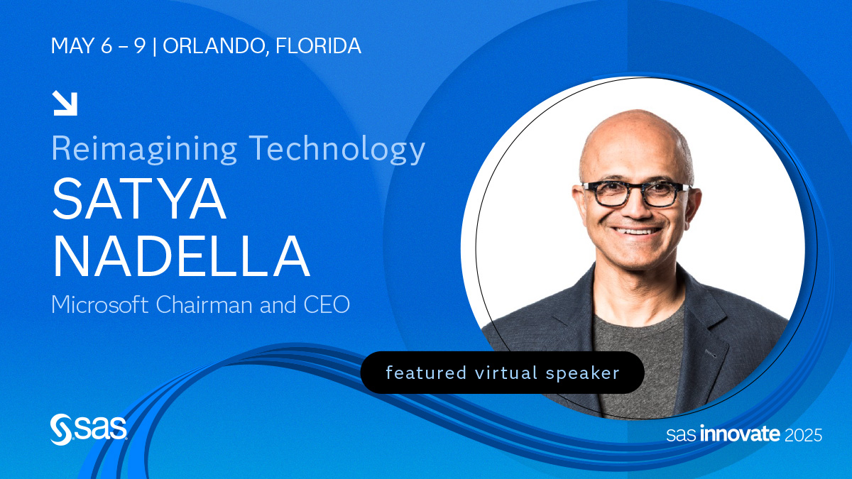 Microsoft Chairman and CEO Satya Nadella will share his vision for technology’s future in a special, prerecorded session at SAS Innovate 2025. Discover how AI is transforming our world – one innovation at a time. 2.sas.com/6015LUHVU #SASInnovate