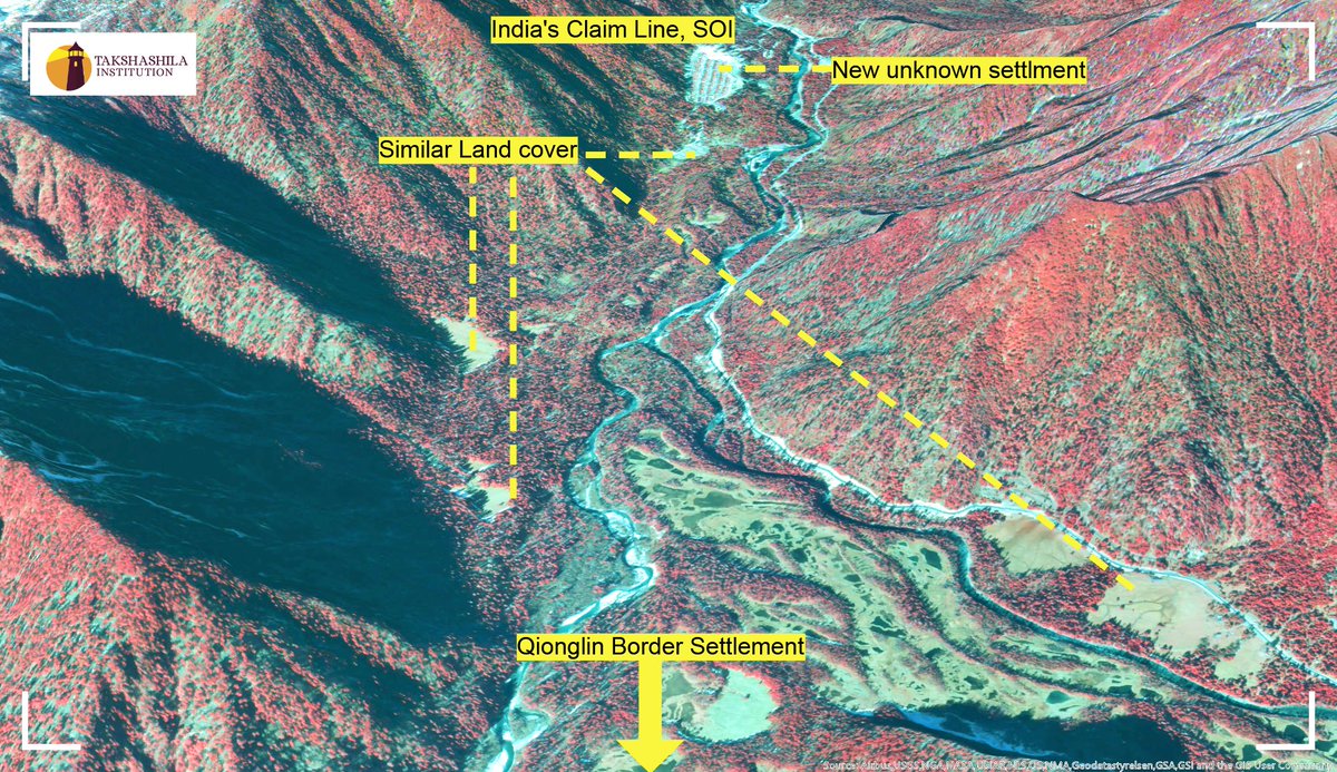 Update: A new border Settlement near along the Milin River, 29.07895° N, 94.21987° E. 
An under-construction Settlement identified in our earlier research has now transformed into a full-fledged border settlement. This settlement is right next to our claim line, approximately 8