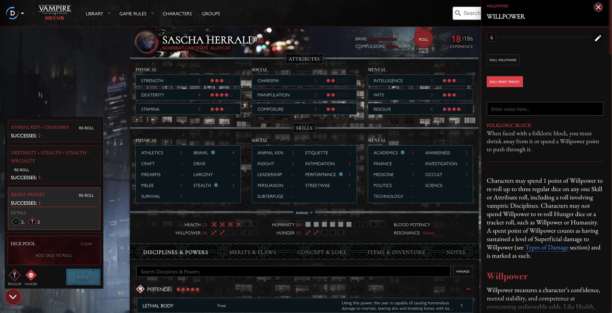 New Update for #VampiretheMasquerade!
⚰️ A 'Frenzy' button added to the Willpower drawer
⚰️ A "Remorse" button added to the Humanity drawer

Calm your beast (or don't - we're not your Sire) &amp; organize your stains!

🧛 Try it with your own kindred now!
▶️ worldofdarknessnexus.com