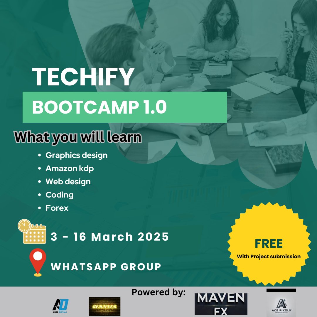 alite007's tweet photo. 🚀 Join Techify Bootcamp 1.0! 🚀
Want to learn valuable skills? Join us for a FREE bootcamp on:
🔹 Graphics Design  
🔹 Amazon KDP  
🔹 Web Design  
🔹 Coding  
🔹 Forex
📅 Date: March 3rd - 16th, 2025  
📍 Location: WhatsApp Group
Join here via : [https://t.co/ObQ7TrMXsh] https://t.co/3H8Edp3HSo