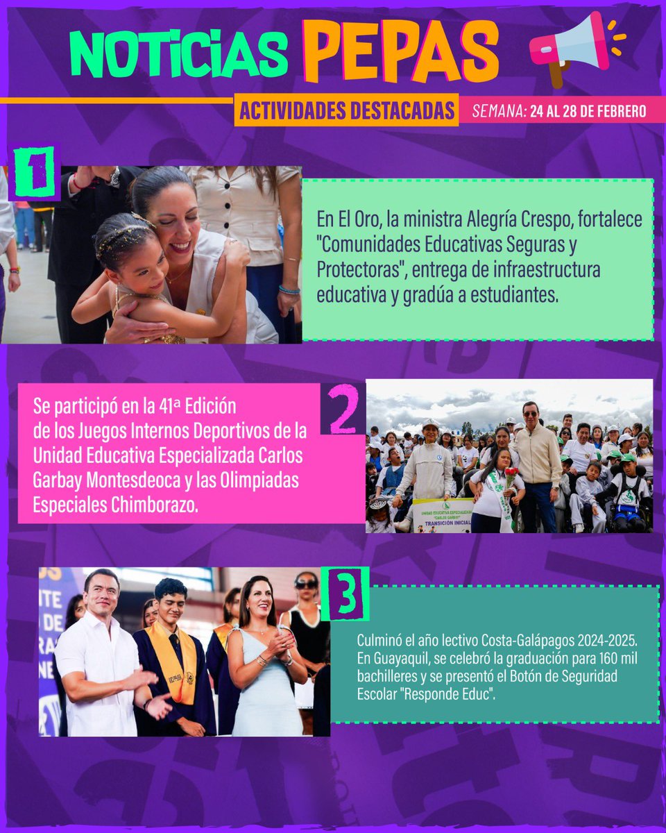 Educacion_Ec's tweet photo. 🎥¿Ya te enteraste de las Noticias Pepas de esta semana?

¡Aquí te las contamos! 👇

🏫 Mejoramos los espacios educativos.
👩‍🏫 Impulsamos iniciativas innovadoras para fortalecer el trabajo docente.
✅ Fomentamos una educación inclusiva y resiliente con más oportunidades para todos.

¡Juntos construimos #ElNuevoEcuador que todos anhelamos! 🇪🇨💪

#ElNuevoEcuadorResuelve