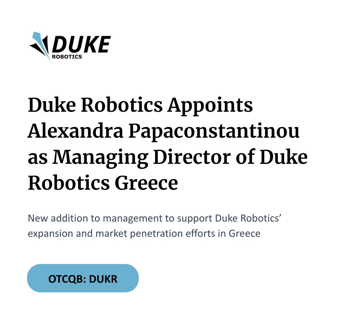 Duke_Robotics's tweet image. Duke Robotics Appoints Alexandra Papaconstantinou as Managing Director of Duke Robotics Greece $DUKR
Read more: globenewswire.com/news-release/2…
