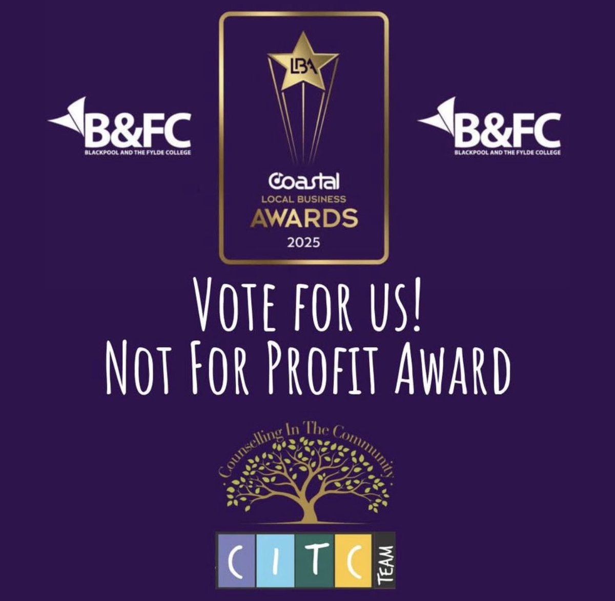 We are finalists 🙌💚🙌
Please take (less than) 2 minutes to nominate <a href="/CITCCharity/">Counselling In The Community</a> in the not for profit awards. 🙏
Please like, share and help us to spread the word 
Thank you. 💚

coastalradiodab.co.uk/awards/local-b…