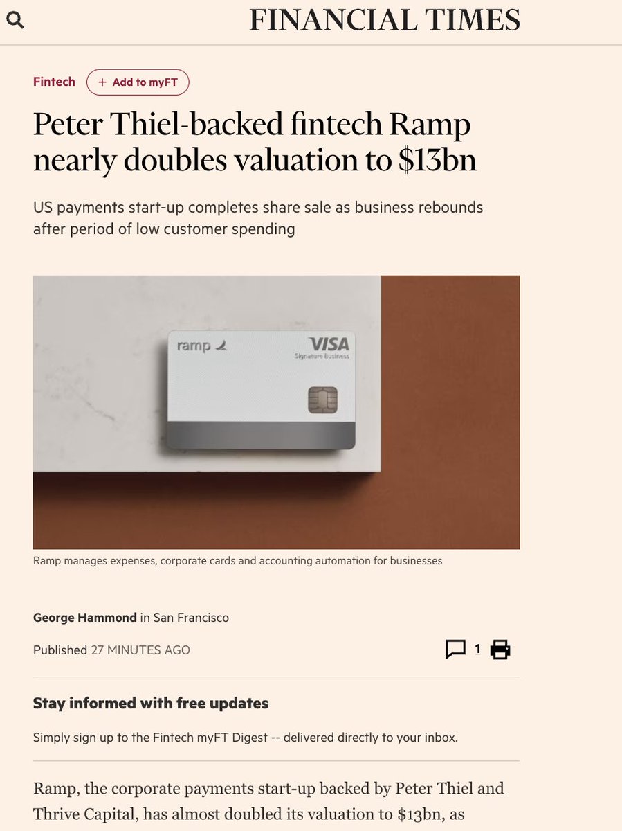 Today, <a href="/tryramp/">Ramp</a> reached a new valuation: $13 billion.

We’re not Steve Jobs or Wilbur Wright. We won’t invent the next iPhone or flying machine. Our job is more modest: save you time and money, so perhaps you can. (1/6)