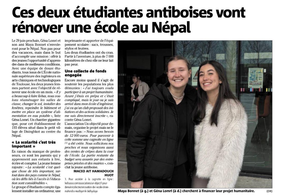 AlexndraBorchio's tweet image. Jeunes et déjà investies ! 

Je salue la démarche de Géna Lomri et Maya Bonnet, deux Antiboises engagées pour rénover en 1 mois une école au Népal. 

Un chantier gigantesque qui permettra au village de Disinghkot de faciliter l’accès à l’éducation des plus jeunes. #MediaPositif