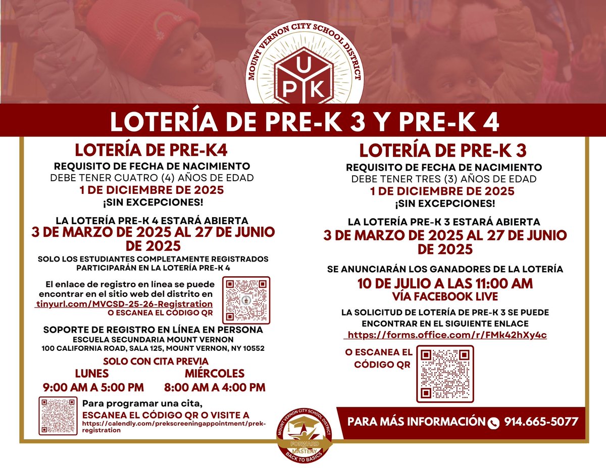 The Mount Vernon City School District has opened its pre-K3 and pre-K4 lotteries from March 3 to June 27, 2025. Visit the registration page for more info: mtvernoncsd.org/family-communi…