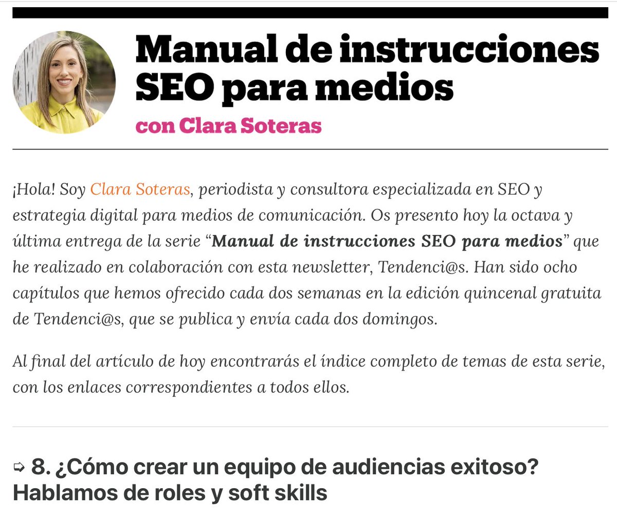 Clara Soteras (@clarasoteras) on Twitter photo 📩Esta semana ha sido la última entrega del Manual de SEO para medios que hemos publicado en la newsletter Tendenci@s de <a href="/ismaelnafria/">Ismael Nafría</a>.
Han sido 8 capítulos en los que hemos repasado todo lo que hay que tener en cuenta para trabajar el posicionamiento en medios.
Ha sido un 📩Esta semana ha sido la última entrega del Manual de SEO para medios que hemos publicado en la newsletter Tendenci@s de <a href="/ismaelnafria/">Ismael Nafría</a>.
Han sido 8 capítulos en los que hemos repasado todo lo que hay que tener en cuenta para trabajar el posicionamiento en medios.
Ha sido un