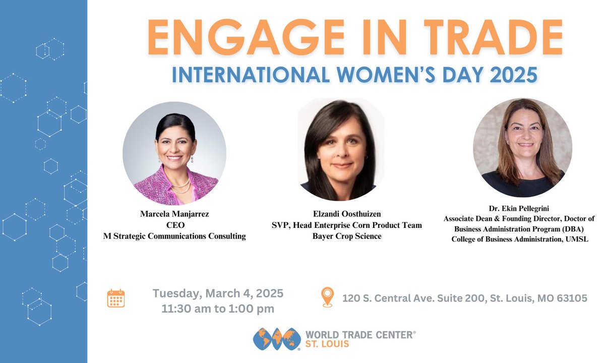 WTC St. Louis (@wtcstl) on Twitter photo Still time to join us tomorrow for #IWD2025 <a href="/WTCSTL/">WTC St. Louis</a> w/Marcela Manjarrez, M Strategic Communications Consulting <a href="/ElzandiO/">Elzandi Oosthuizen</a> <a href="/Bayer4CropsUS/">Bayer U.S. 🇺🇸 | Crop Science</a> &
Dr. Ekin Pellegrini <a href="/umsl/">University of Missouri–St. Louis</a> Details & registration: conta.cc/3D4tREf Still time to join us tomorrow for #IWD2025 <a href="/WTCSTL/">WTC St. Louis</a> w/Marcela Manjarrez, M Strategic Communications Consulting <a href="/ElzandiO/">Elzandi Oosthuizen</a> <a href="/Bayer4CropsUS/">Bayer U.S. 🇺🇸 | Crop Science</a> &
Dr. Ekin Pellegrini <a href="/umsl/">University of Missouri–St. Louis</a> Details & registration: conta.cc/3D4tREf