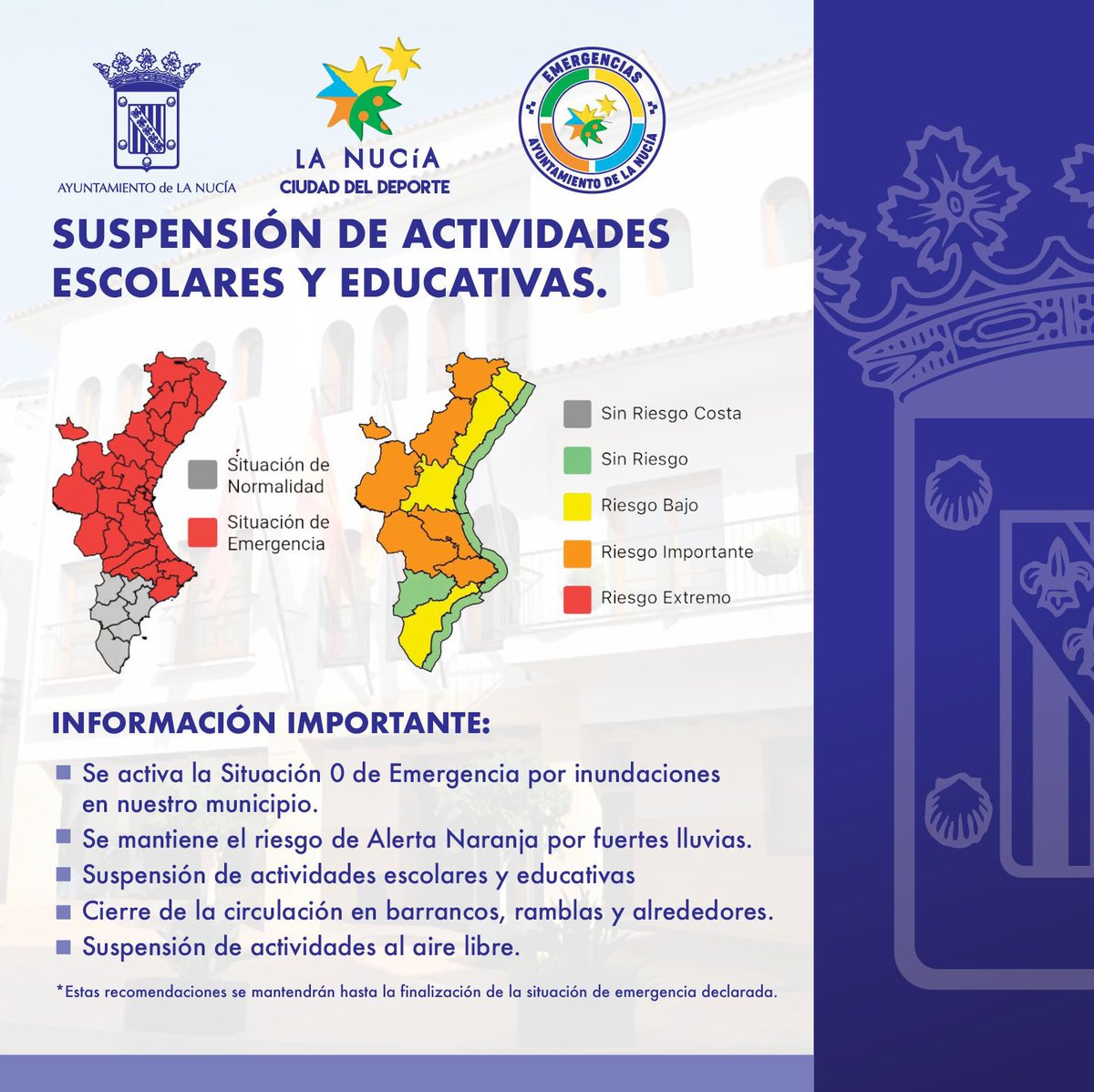 Bernabé Cano (@bernabecanoes) on Twitter photo ⚠️<a href="/GVA112/">Emergències 112CV</a> ha establecido la situación de EMERGENCIA SITUACIÓN 0 POR INUNDACIONES en nuestro término municipal mañana.
❌Suspensión actividad docente, actividad en instalaciones deportivas y al aire libre, prohibición de la circulación en barrancos y cierre de parques públicos. ⚠️<a href="/GVA112/">Emergències 112CV</a> ha establecido la situación de EMERGENCIA SITUACIÓN 0 POR INUNDACIONES en nuestro término municipal mañana.
❌Suspensión actividad docente, actividad en instalaciones deportivas y al aire libre, prohibición de la circulación en barrancos y cierre de parques públicos.