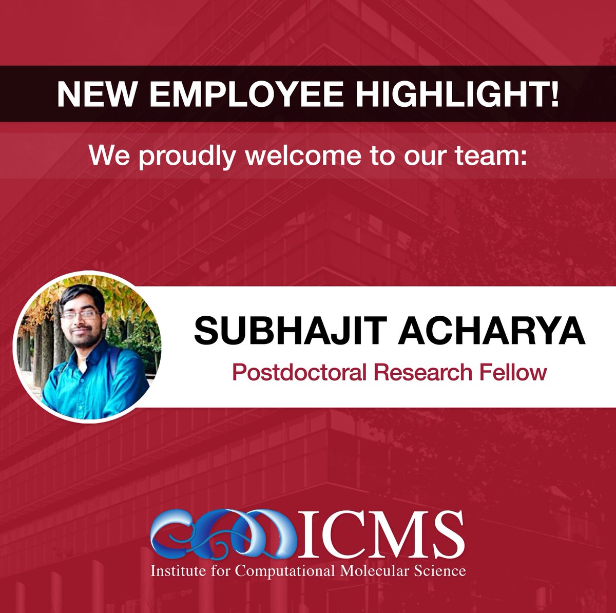 ICMS (@icms_hpc) on Twitter photo ICMS is excited to introduce one of the newest additions to our team: Subhajit Acharya!
Take a look at their profiles at ICMSHPC.com/team
<a href="/TempleUniv/">Temple University</a>
<a href="/CST_TempleU/">CST Temple</a> ICMS is excited to introduce one of the newest additions to our team: Subhajit Acharya!
Take a look at their profiles at ICMSHPC.com/team
<a href="/TempleUniv/">Temple University</a>
<a href="/CST_TempleU/">CST Temple</a>