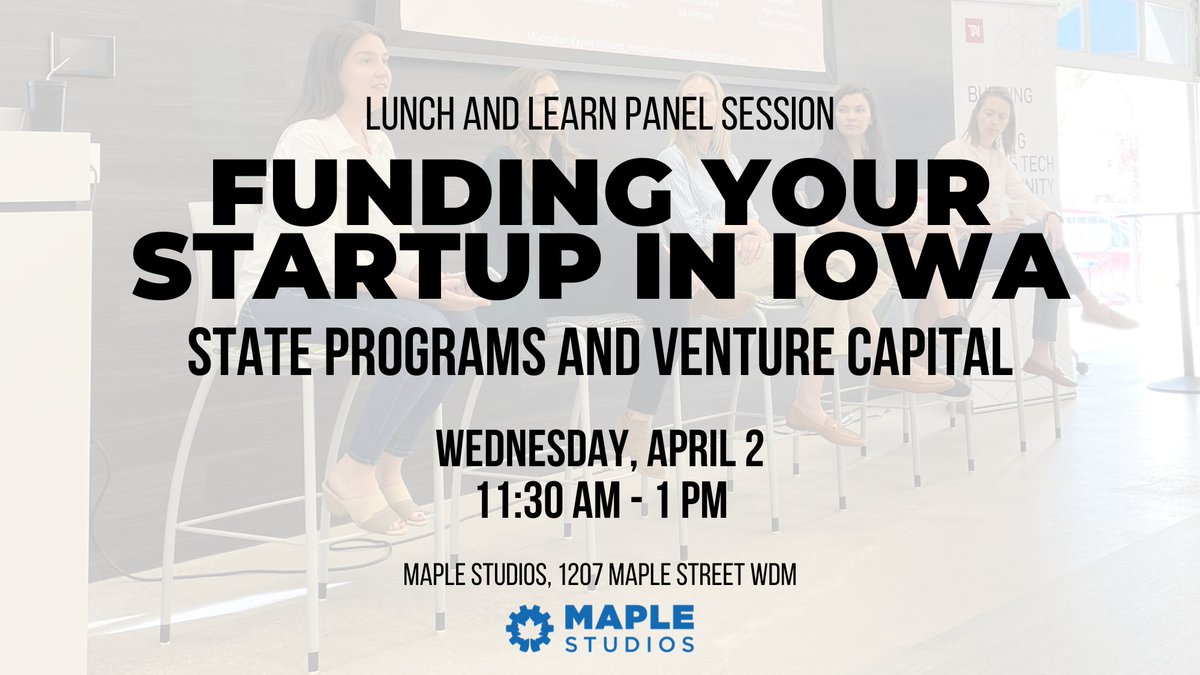 MapleStudiosDSM's tweet image. Join us for a free lunch and learn at Maple Studios on Wednesday, April 2 all about funding a startup in Iowa! 

We&apos;ll host the lunch and learn panel from 11:30 am to 1 pm, and lunch from @cfsalads will be provided.

🔗Read more and register here: maplestudios.com/events/funding…