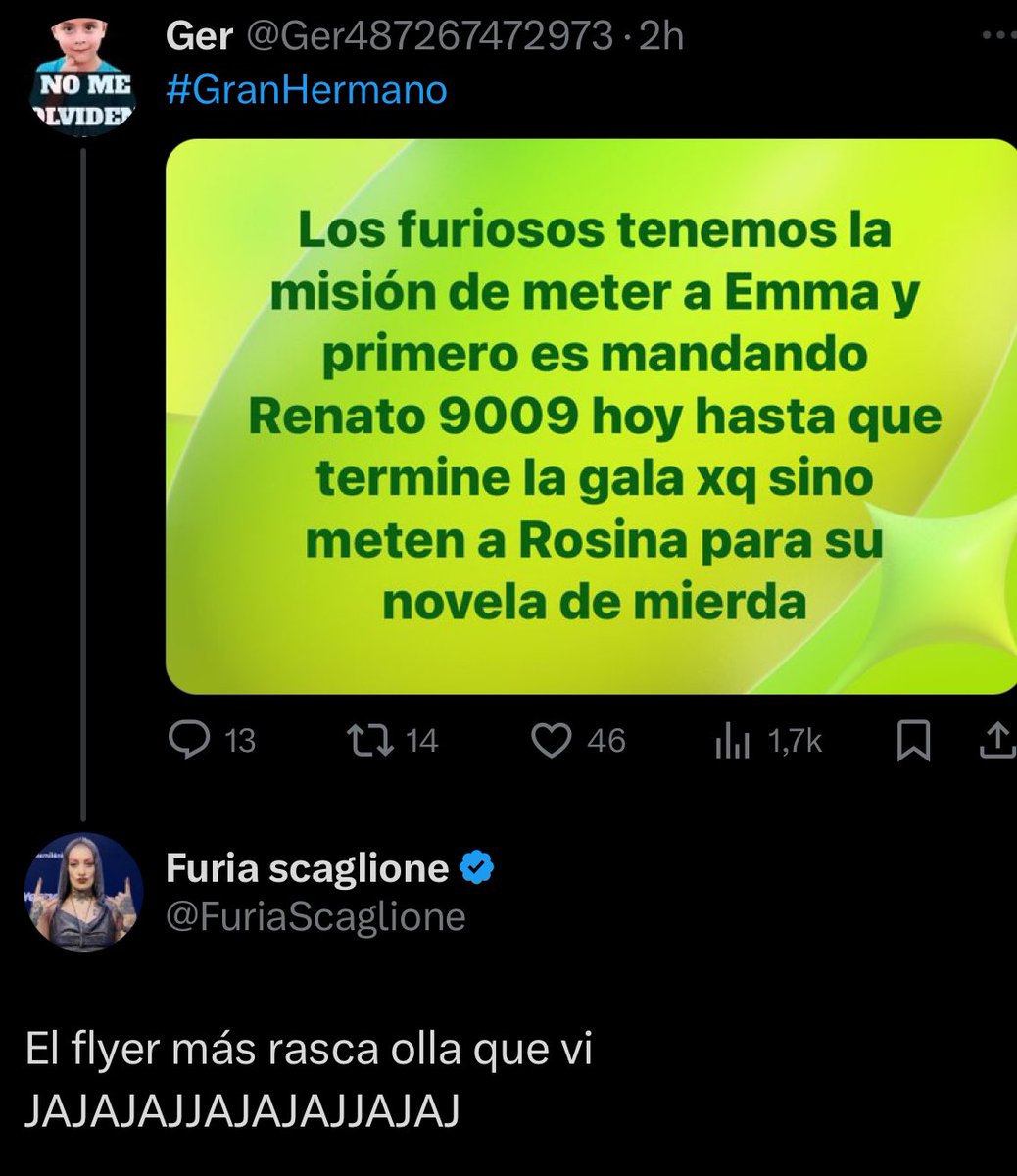 TeamSolOk's tweet photo. Furia no es ninguna boluda y entiende que @nicolinosuar hace campaña contra Renato solo para poder colgarse de los furiosos después y que entren juntos y negarle la entrada a Rosina ya saben qué hacer a partir de hoy #GH2025 #GranHermano https://t.co/RGGAoJ5UiV