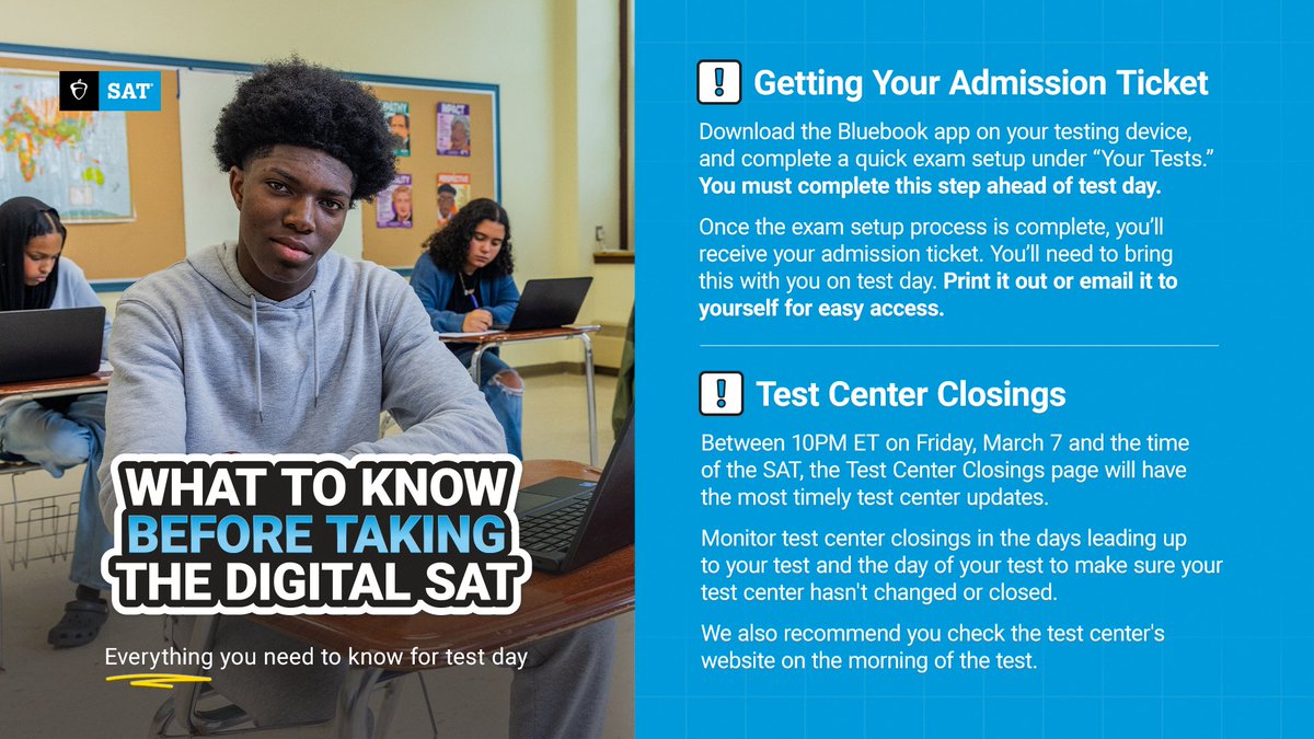 💻 What to Know Before the March SAT: spr.ly/6016LqVTg 

🚨 Complete exam setup in the Bluebook app ahead of test day to receive your admission ticket. 
Download Bluebook: spr.ly/6017LqVT9 

🏫 Test Center Closings: spr.ly/6018LqVTi