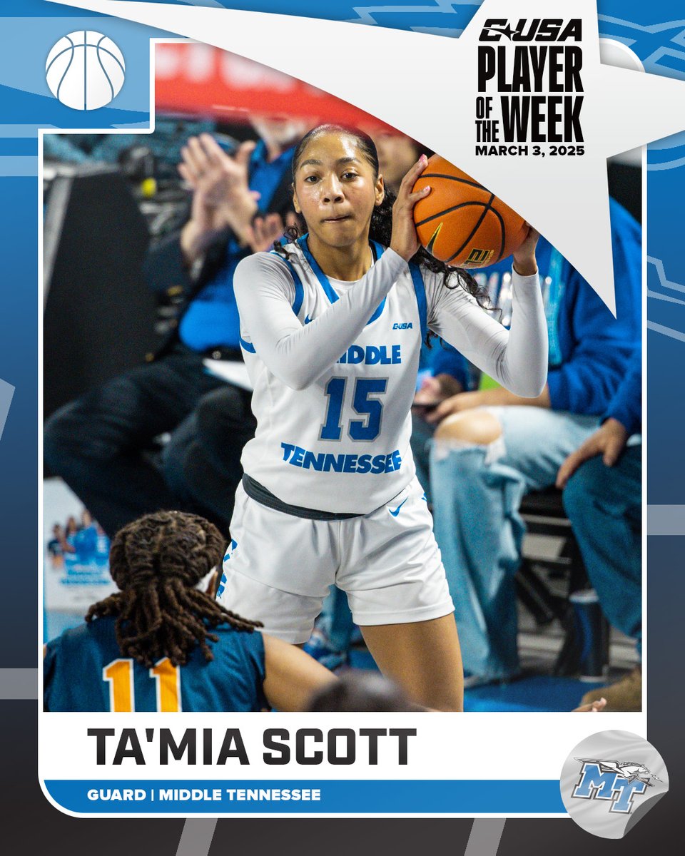 Conference USA (@conferenceusa) on Twitter photo 🏀 WBB PLAYER OF THE WEEK 🏀
🏅3⃣ Ta'Mia Scott, <a href="/MT_WBB/">Middle Tennessee Women's Basketball</a>
#NoLimitsOnUs | bit.ly/4brFMsh 🏀 WBB PLAYER OF THE WEEK 🏀
🏅3⃣ Ta'Mia Scott, <a href="/MT_WBB/">Middle Tennessee Women's Basketball</a>
#NoLimitsOnUs | bit.ly/4brFMsh