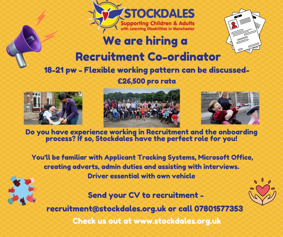 Stockdales are Hiring a part-time Recruitment Co-ordinator!
#sale #altrincham #trafford #urmston #wythenshawe #timperley #recruitmentcoordinator #parttimejobs #localcharity