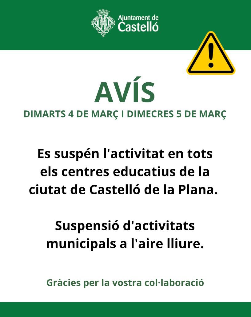 ⚠️ Tras la reunión del CECOPAL y en virtud del Nivel 0 decretado por la Generalitat se ha decidido para toda la ciudad de Castellón, mientras dure la emergencia, que abarcará como mínimo el martes 4 y miércoles 5: