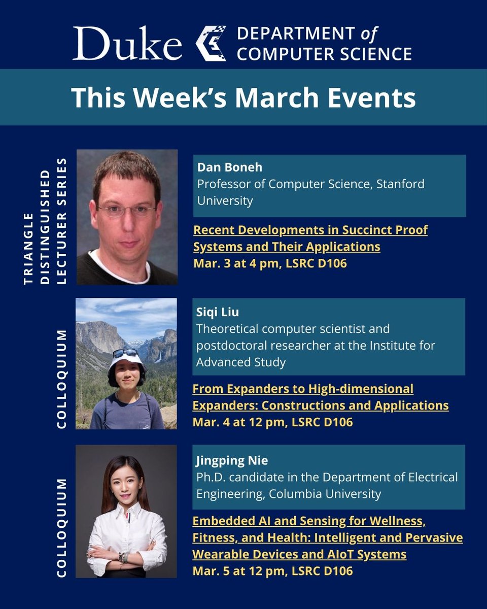 dukecompsci's tweet image. Join us for another round of talks this week!
Multiple speakers will cover an array of topics relating to computer science
More Info: cs.duke.edu/events