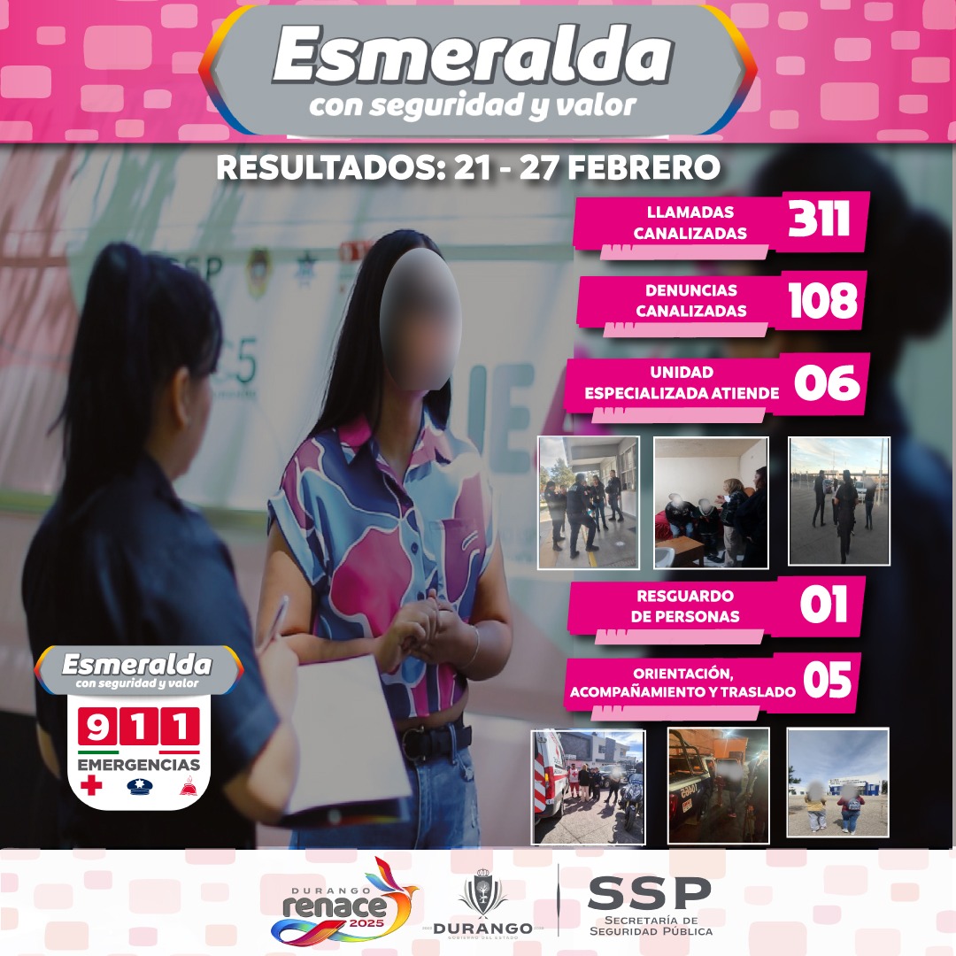 sspdgo's tweet image. En caso de violencia contra la mujer, llama al 9-1-1 al #ProgramaEsmeralda, recuerda que este servicio es gratuito y trabaja en todo #Durango , llevando apoyo psicológico, jurídico y asistencial.