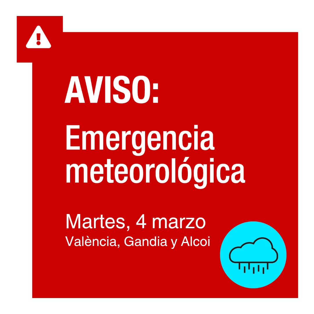 🔴 Ante la declaración emergencia 0 por inundaciones, la UPV informa que, a partir de mañana martes y hasta que finalice la emergencia, toda la actividad docente se realizará online. 

Se insta al estudiantado a evitar desplazamientos a cualquiera de los tres campus de la UPV.
👇