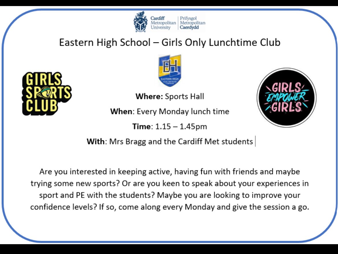 Health & Well-Being EHS (@healthehscdf) on Twitter photo We have a new lunch club starting, every Monday in the sports hall. Open to all girls in Yr7/8 and 9. <a href="/easternhighcdf/">Eastern High</a> We have a new lunch club starting, every Monday in the sports hall. Open to all girls in Yr7/8 and 9. <a href="/easternhighcdf/">Eastern High</a>
