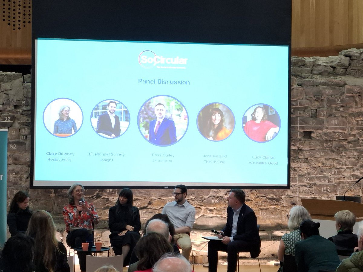 First panel discussion of our SoCircular event. Claire Downey  <a href="/RediscoveryCtr/">Rediscovery Centre</a> Jane McDaid  <a href="/ThinkhouseIE/">THINKHOUSE</a>  Lucy Clarke  <a href="/WeMakeGoodIre/">We Make Good</a> &amp; Dr Michael Scriney from Insight. Great  conversation re #CircularEconomy &amp; #SocialEnterprise #LEW25