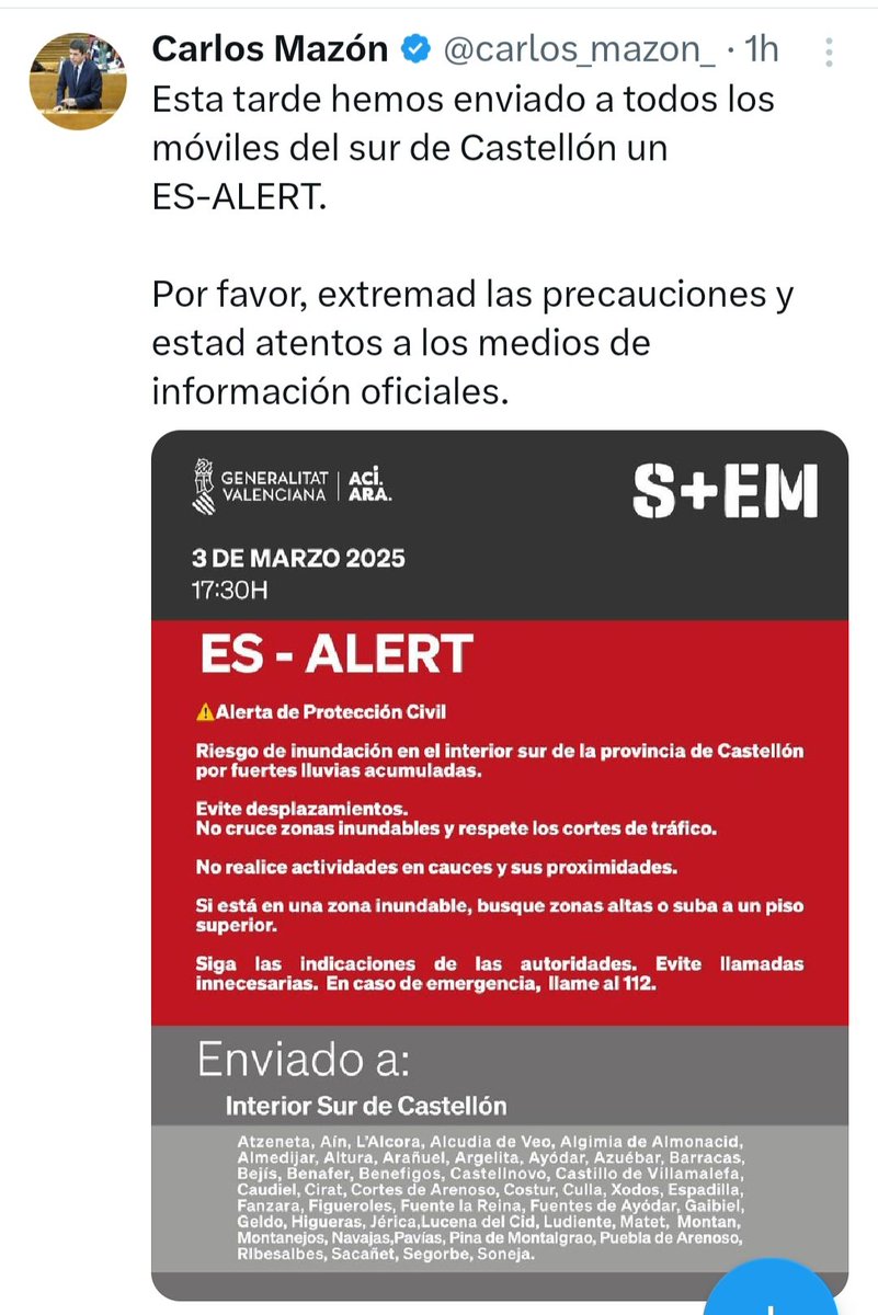josevico4's tweet image. Vaya hoy sí es competencia autonómica y hoy sí que están funcionando los avisos.

Otra prueba más para meterlo en la puta cárcel.
Si hoy lo hace porque coño no lo hizo el día 29.
Los avisos de @AEMET_CValencia son los mismos que aquel día.
Incluso menores.